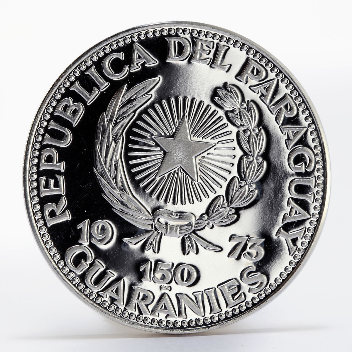 Paraguay 150 guaranies Bernardino Caballero arms silver coin 1973