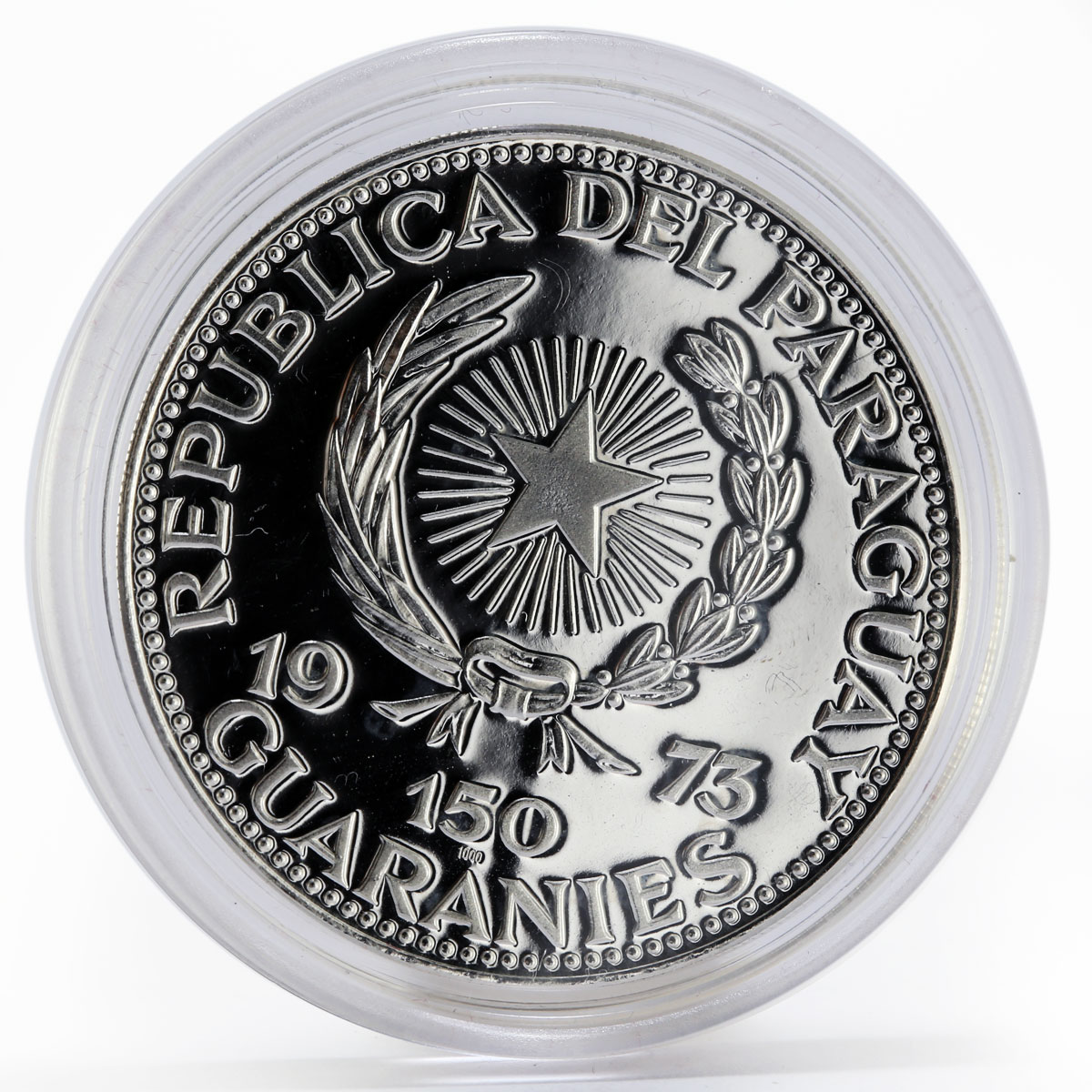 Paraguay 150 guaranies Bernardino Caballero arms silver coin 1973