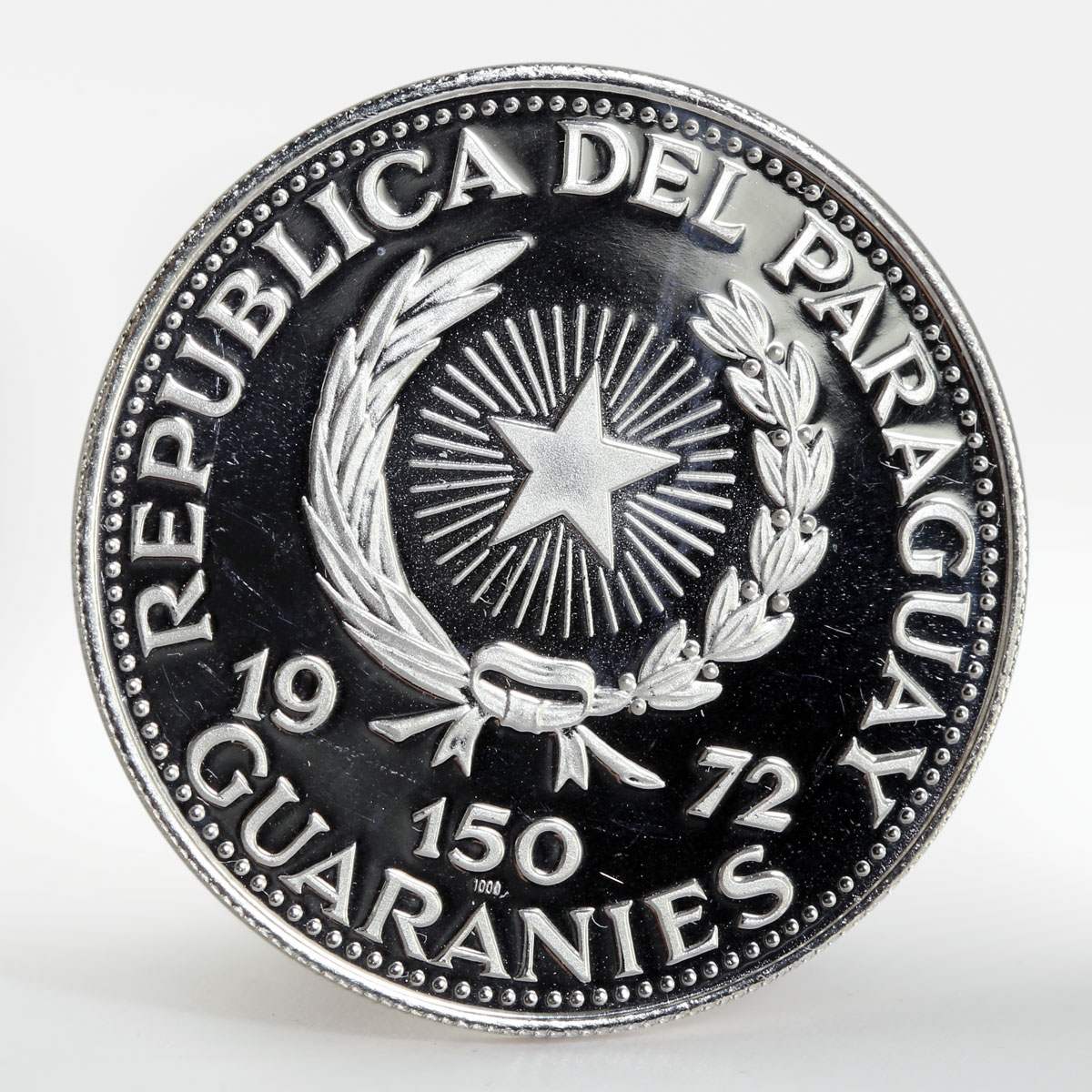 Paraguay 150 guaranies General Alfredo Stroessner arms silver coin 1972