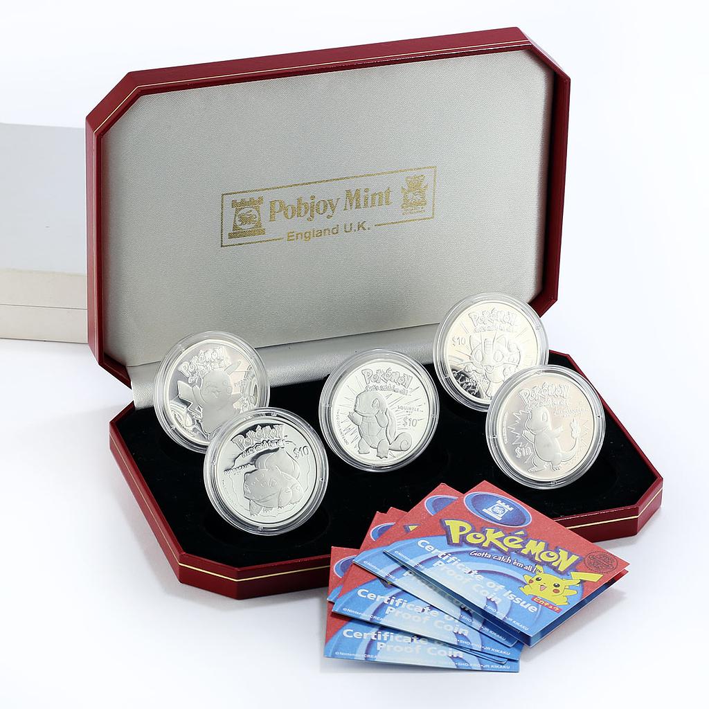 Niue 10 dollars, set of 5 coins,  Pokemon Series  proof silver 2001