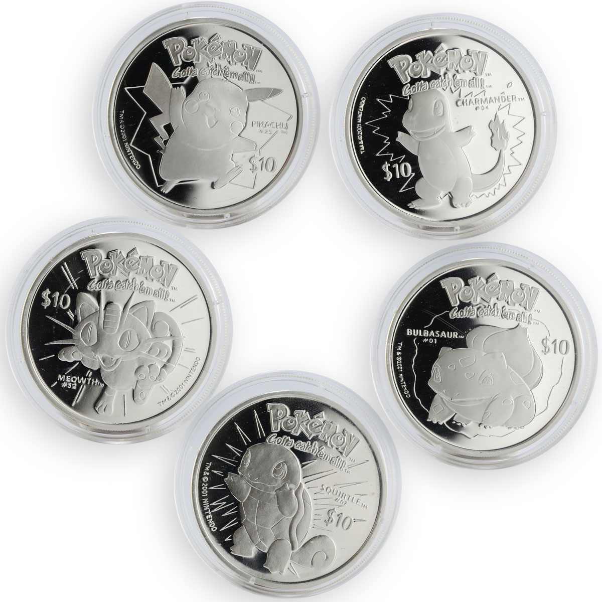 Niue 10 dollars, set of 5 coins,  Pokemon Series  proof silver 2001