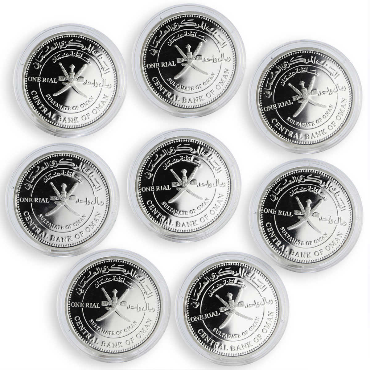 Oman 1 riyal set of 8 coins Birds coloured silver proof 2009