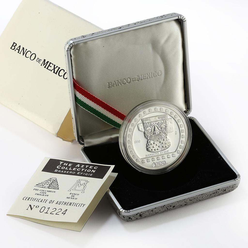 Mexico 100 pesos Precolombina Brasero Efigie Statue silver coin 1992