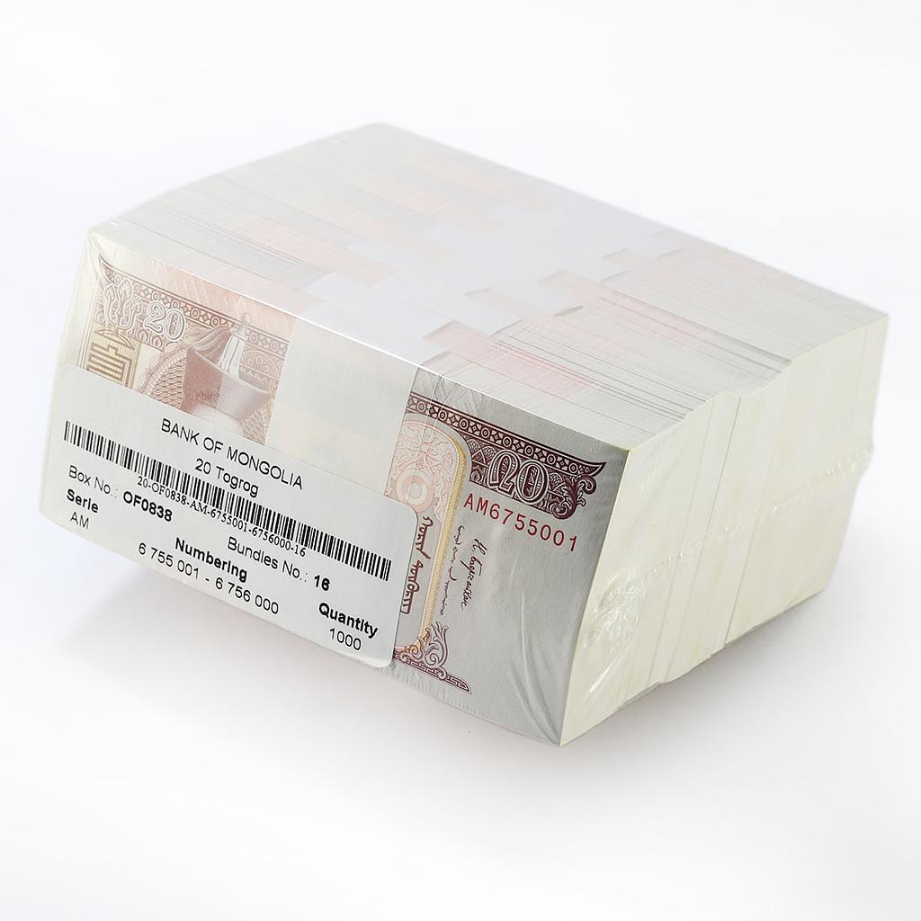 Mongolia 20 togrog 1000 banknotes brick bundle 2018