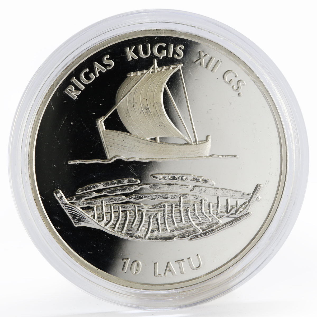 Latvia 10 latu 12th-century ship above its sunken remain proof silver coin 1997