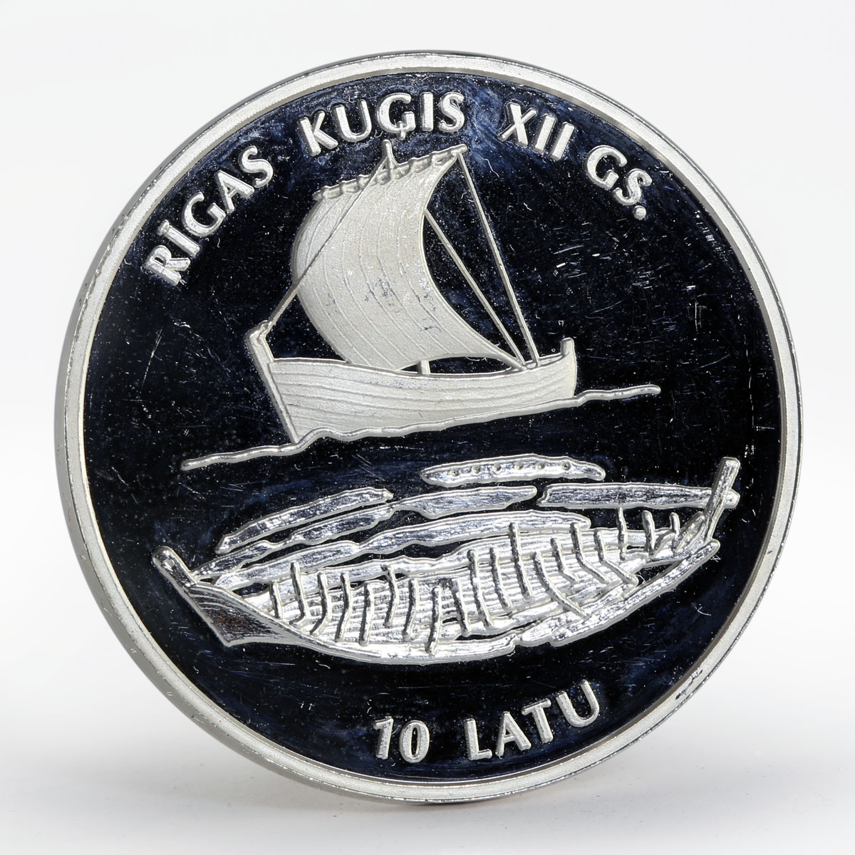 Latvia 10 latu 12th-century ship above its sunken remain proof silver coin 1997