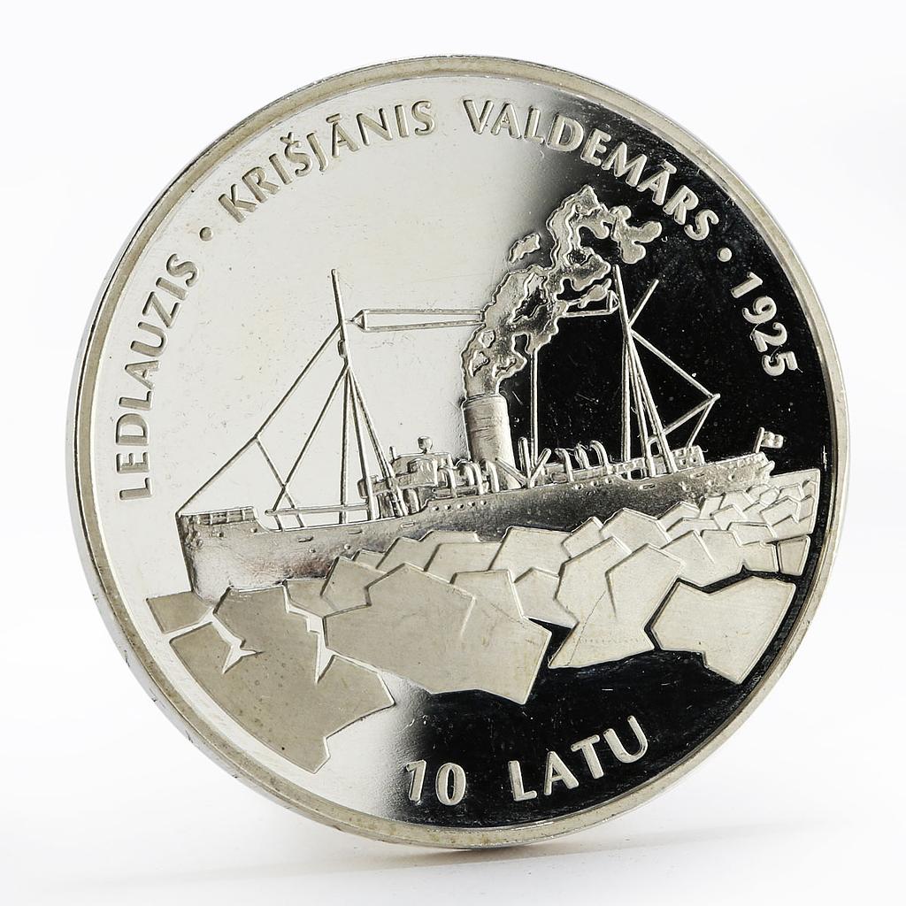 Latvia 10 latu 1925 Icebreaker “Krisjanis Valdemars” proof silver coin 1998