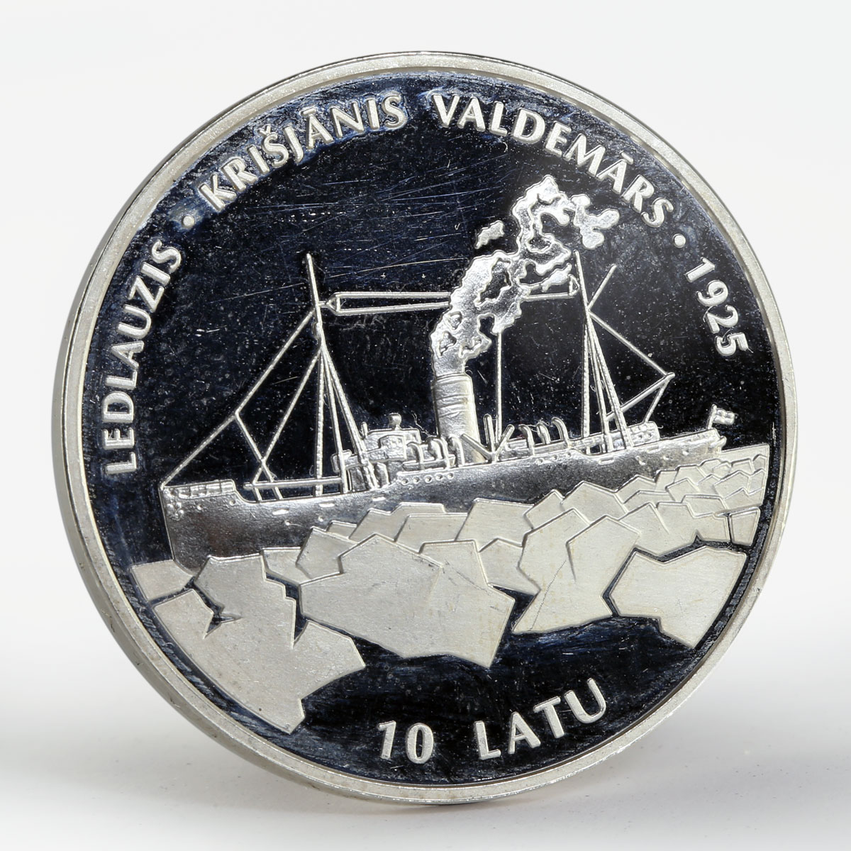 Latvia 10 latu 1925 Icebreaker “Krisjanis Valdemars” proof silver coin 1998