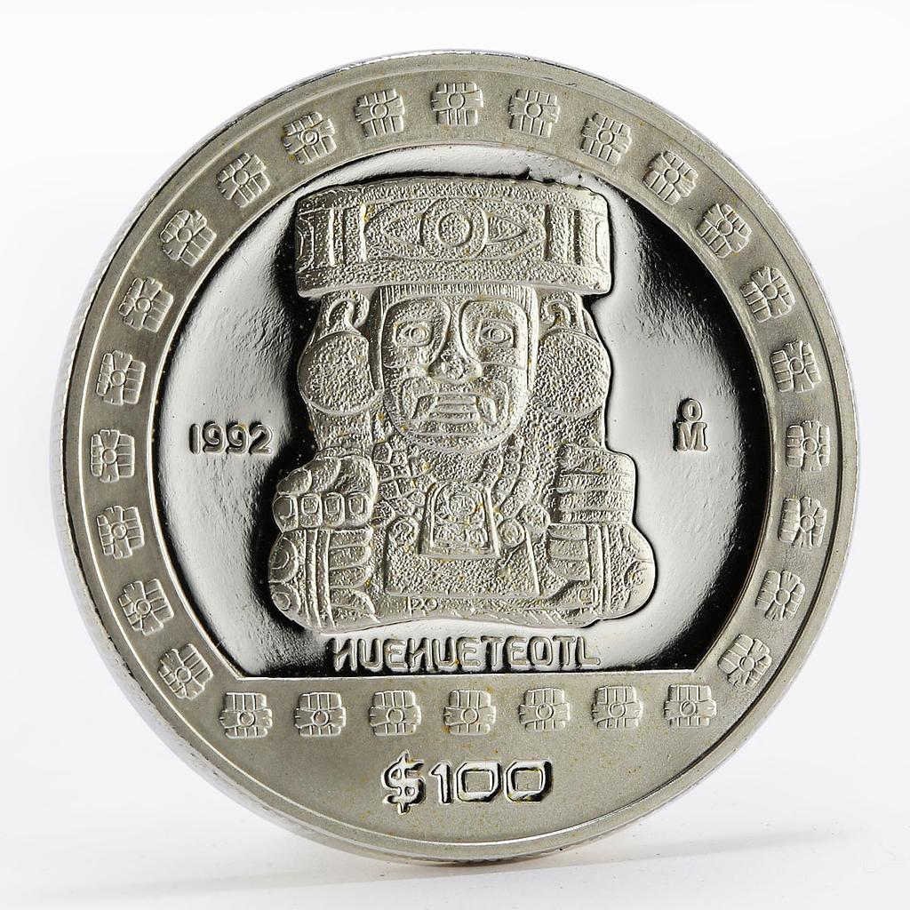 Mexico 100 pesos God of Fire Huehueteotl The Aztek proof silver coin 1992