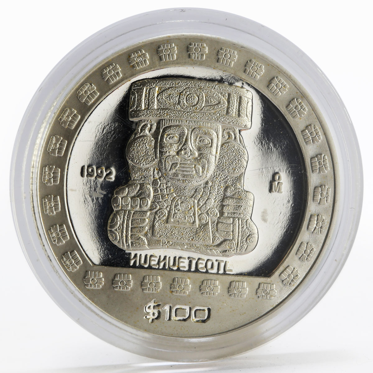 Mexico 100 pesos God of Fire Huehueteotl The Aztek proof silver coin 1992