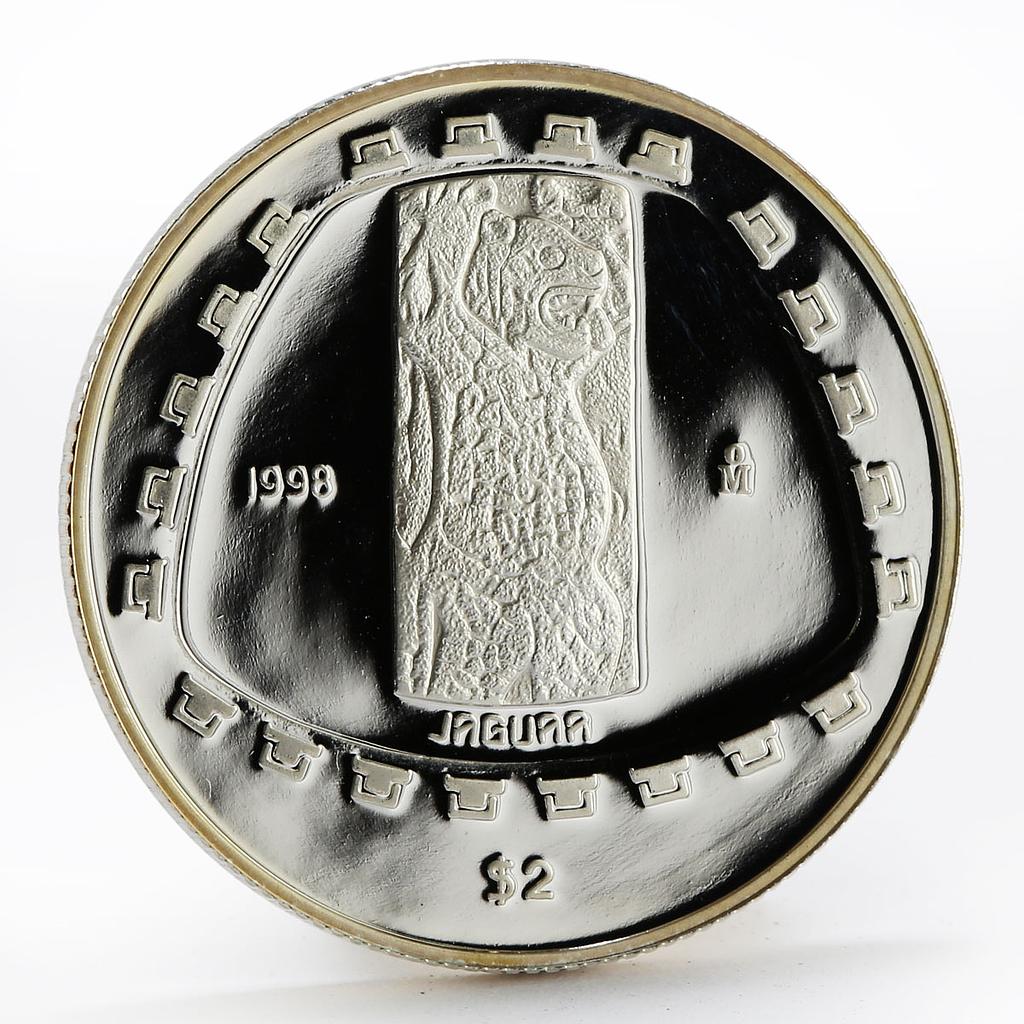 Mexico 2 pesos Animal Jaguar Sculpture proof silver coin 1998