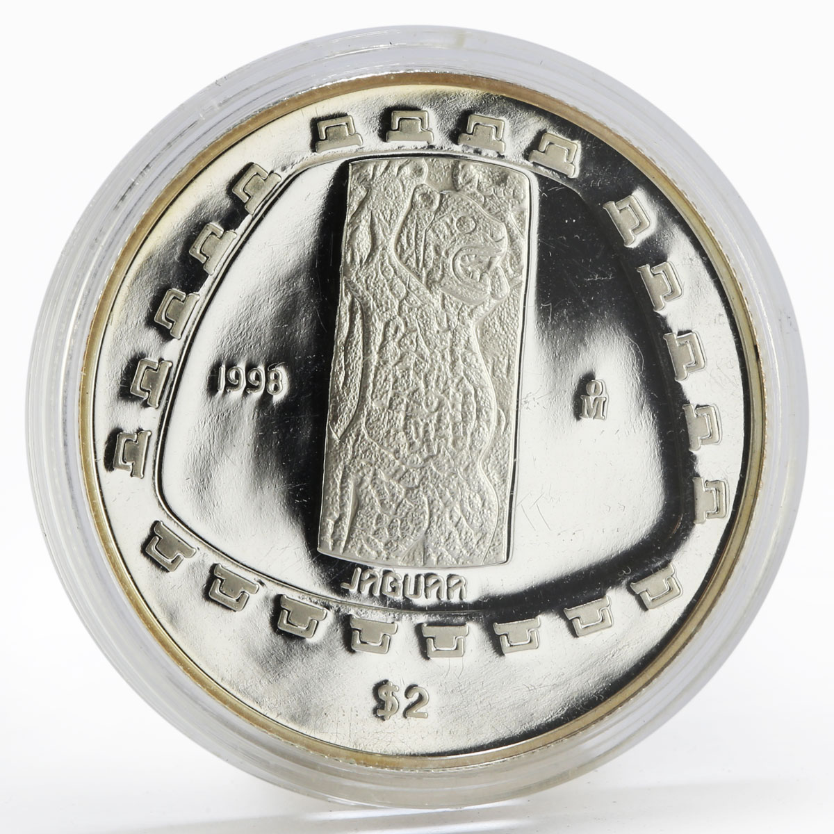 Mexico 2 1/2 onza Jaguard stone carving inside trapezoid proof silver coin 1998