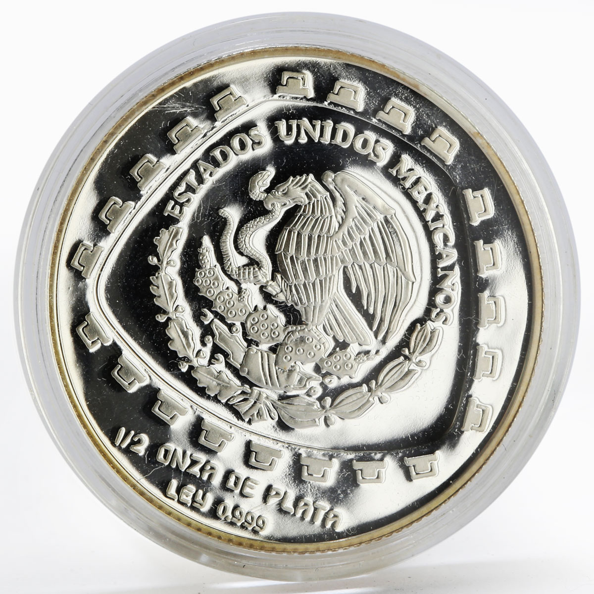 Mexico 2 1/2 onza Jaguard stone carving inside trapezoid proof silver coin 1998