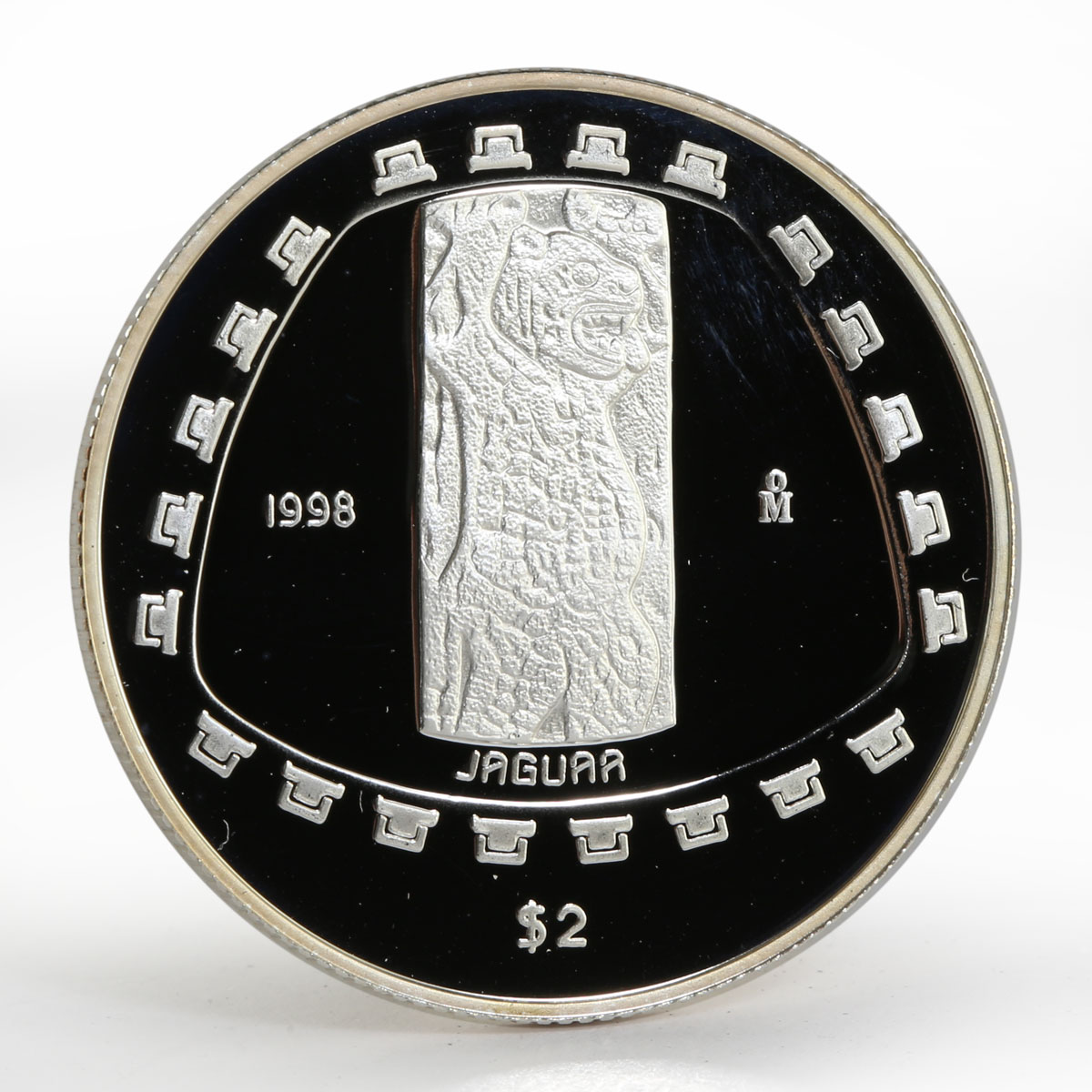 Mexico 2 1/2 onza Jaguard stone carving inside trapezoid proof silver coin 1998