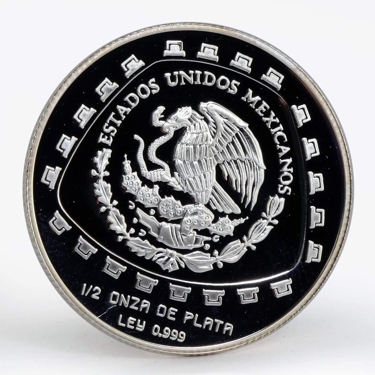Mexico 2 1/2 onza Jaguard stone carving inside trapezoid proof silver coin 1998