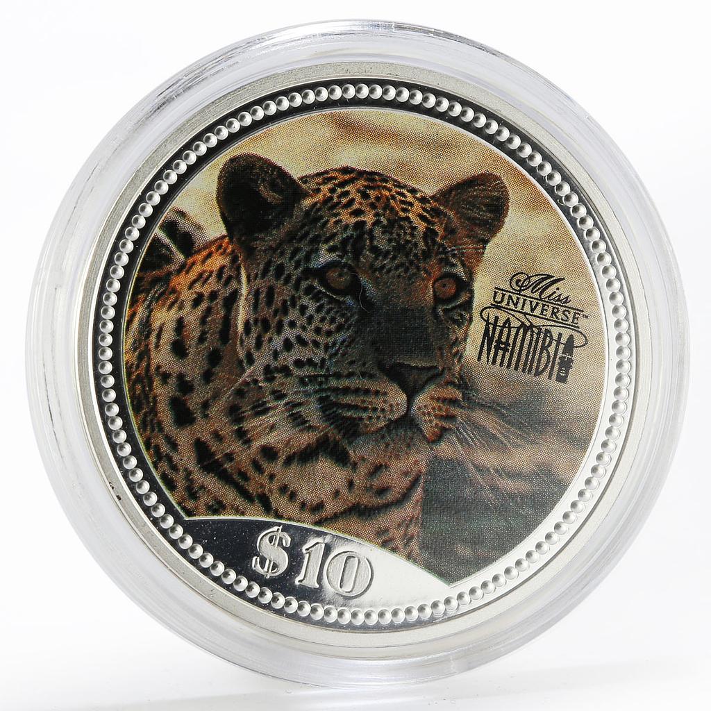 Namibia 10 dollars Multicolor leopard, Fauna proof silver coin 1995