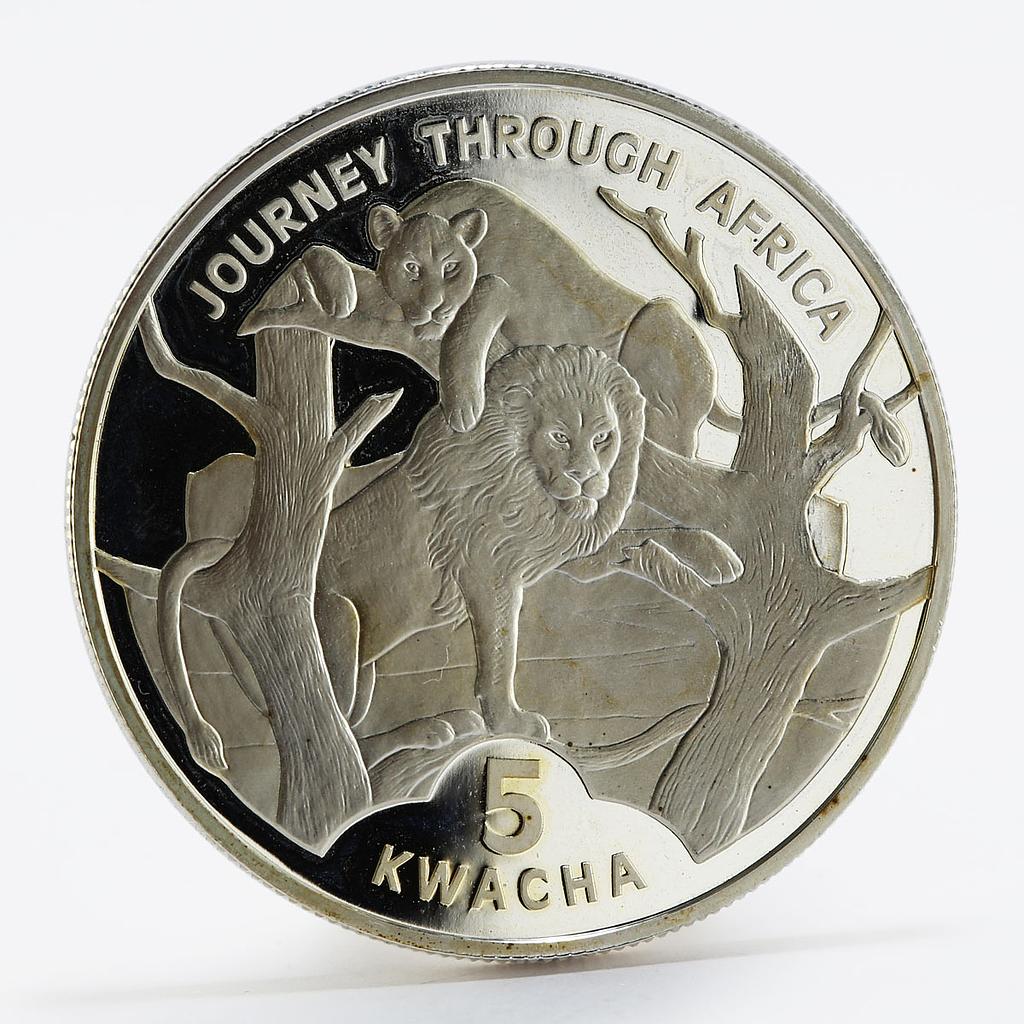 Malawi 5 Kwacha Lion Lioness Journey Through Africa silver proof coin 2006