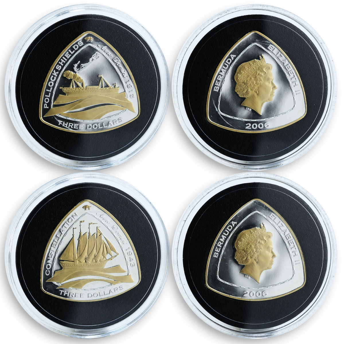 Bermuda $3 Shipwrecks Set of 6 Triangular Silver Proof Gilded coins 2006