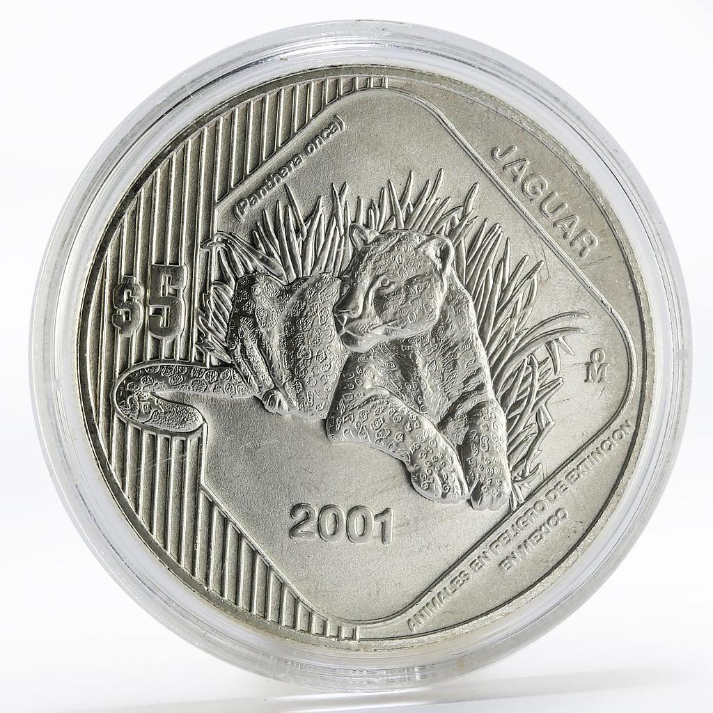 Mexico 5 pesos Endangered Wildlife Animal Jaguar silver coin 2001