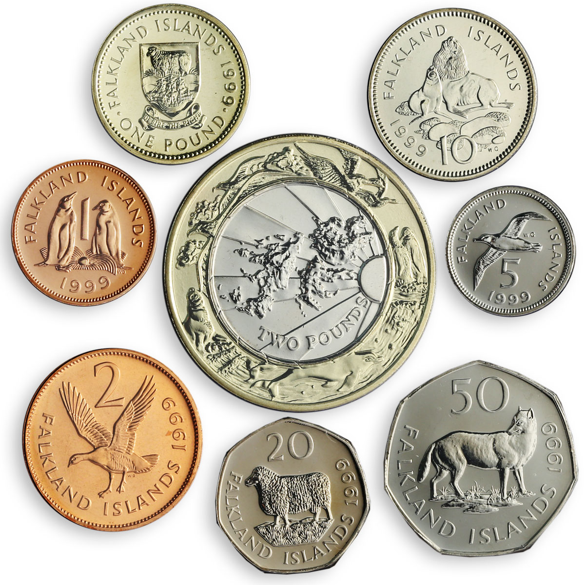 Falkland Islands set of 8 coins Animals Flora and Fauna Millennium 1999
