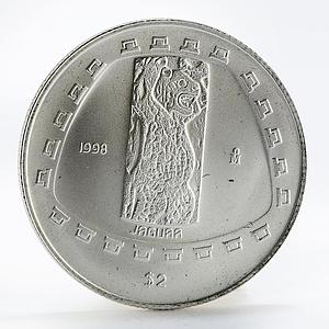 Mexico 2 pesos Precolombina Jaguar Stone Statue Sculpture silver coin 1998