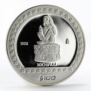 Mexico 100 pesos Seated Sculpture Xochipilli proof silver coin 1992