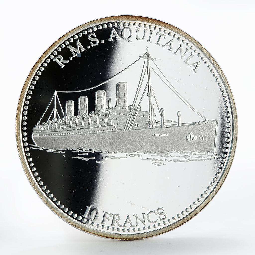 Congo 10 francs Ship R.M.S Aquitania silver proof coin 2001