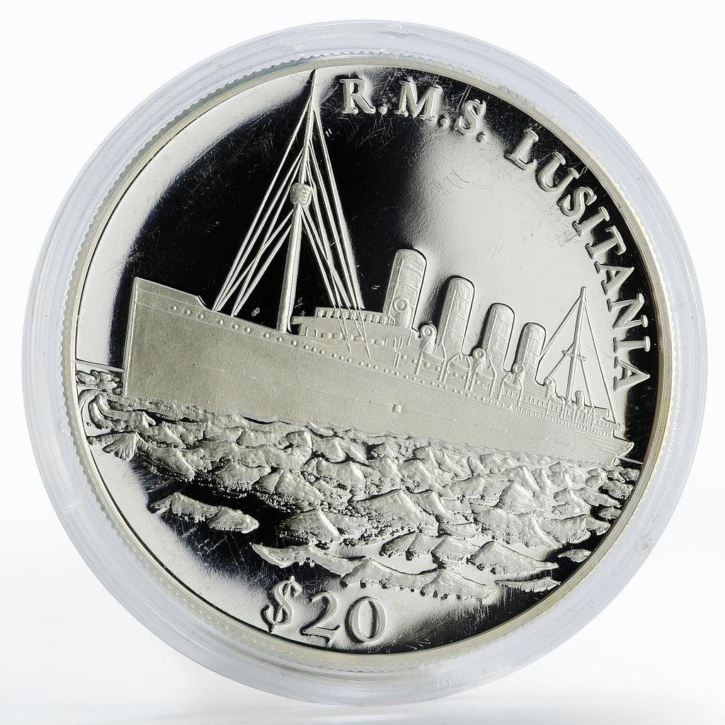 Liberia 20 dollars Ship R.M.S. Lusitania proof silver coin 2000