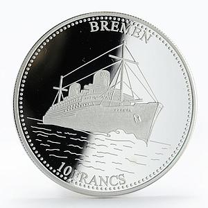 Congo 10 francs Ship Bremen silver proof coin 2001