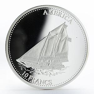 Congo 10 francs History of Seafaring Ship America Clipper proof silver coin 2001