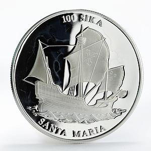 Ghana 100 sika Ship Santa Maria proof silver coin 2000