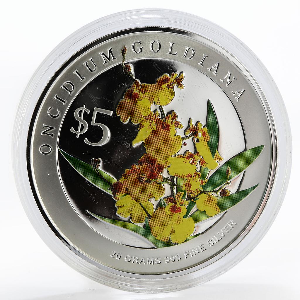 Singapore 5 dollars Flowers Oncidium Goldiana colored silver proof coin 2008