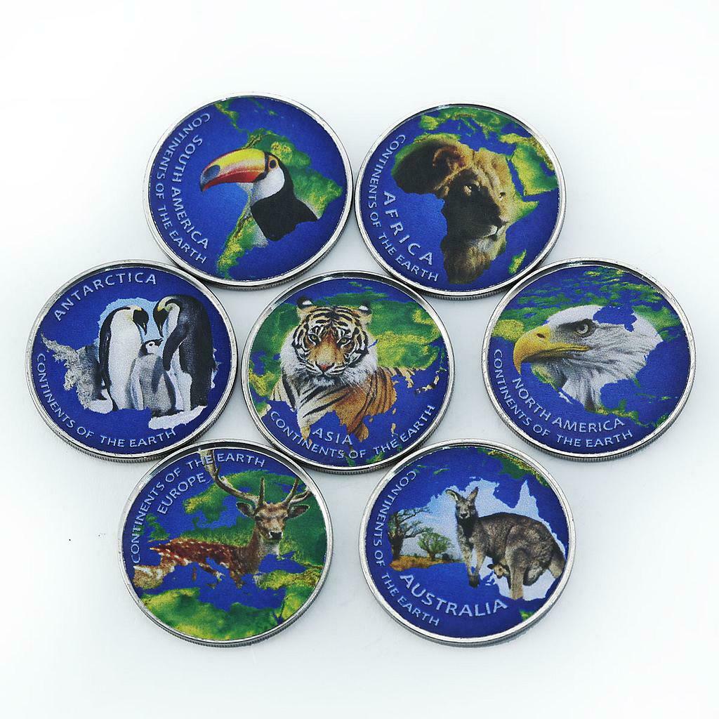 Azad Jammu Kashmir Pakistan 1 rupee Animals Wildlife set of 7 color tokens 2017