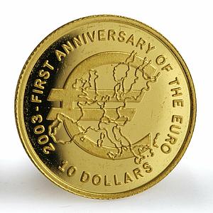 Nauru 10 dollars Anniversary of Euro proof gold coin 2003