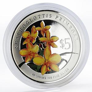 Singapore 5 dollars Flowers Spathoglottis Primrose colored silver proof 2009