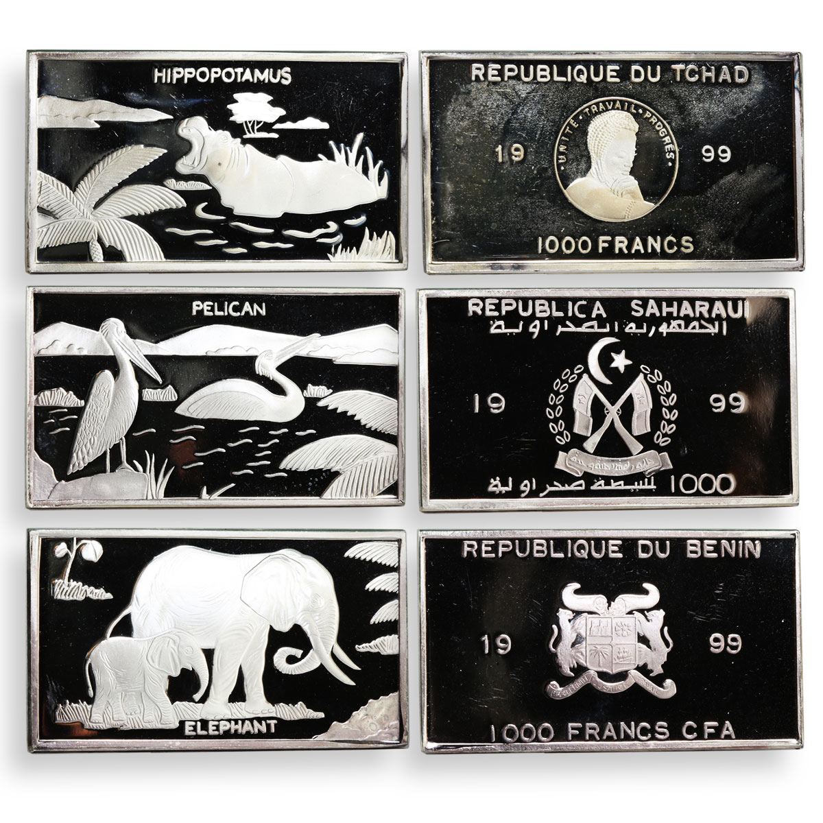 Congo Benin Togo Sahara Chad Somalia Set of 6 Animal fauna coins silver 1999