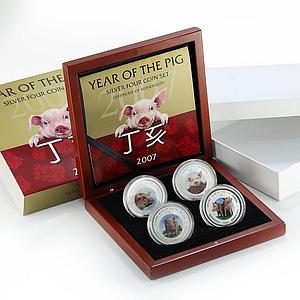 Cambodia set of 4 coins Lunar Calendar Year of the Pig colored silver coin 2007