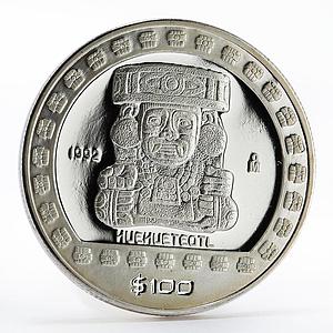 Mexico 100 pesos God of Fire Huehueteotl The Aztek proof silver coin 1992