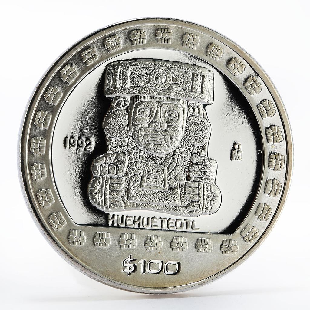 Mexico 100 pesos God of Fire Huehueteotl The Aztek proof silver coin 1992