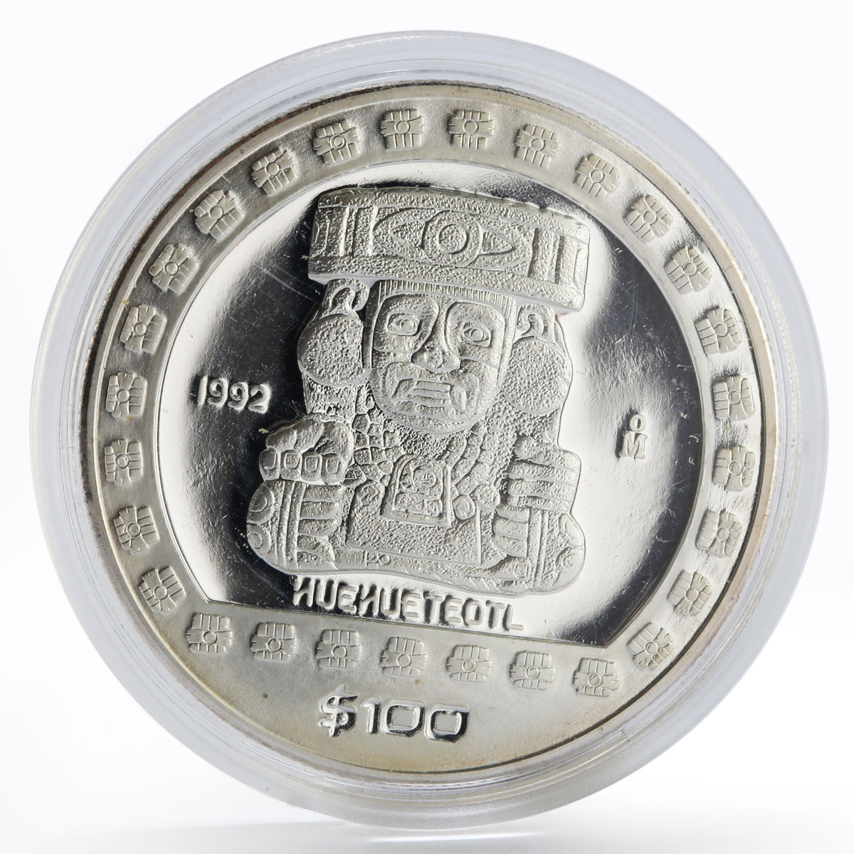Mexico 100 pesos God of Fire Huehueteotl The Aztek proof silver coin 1992