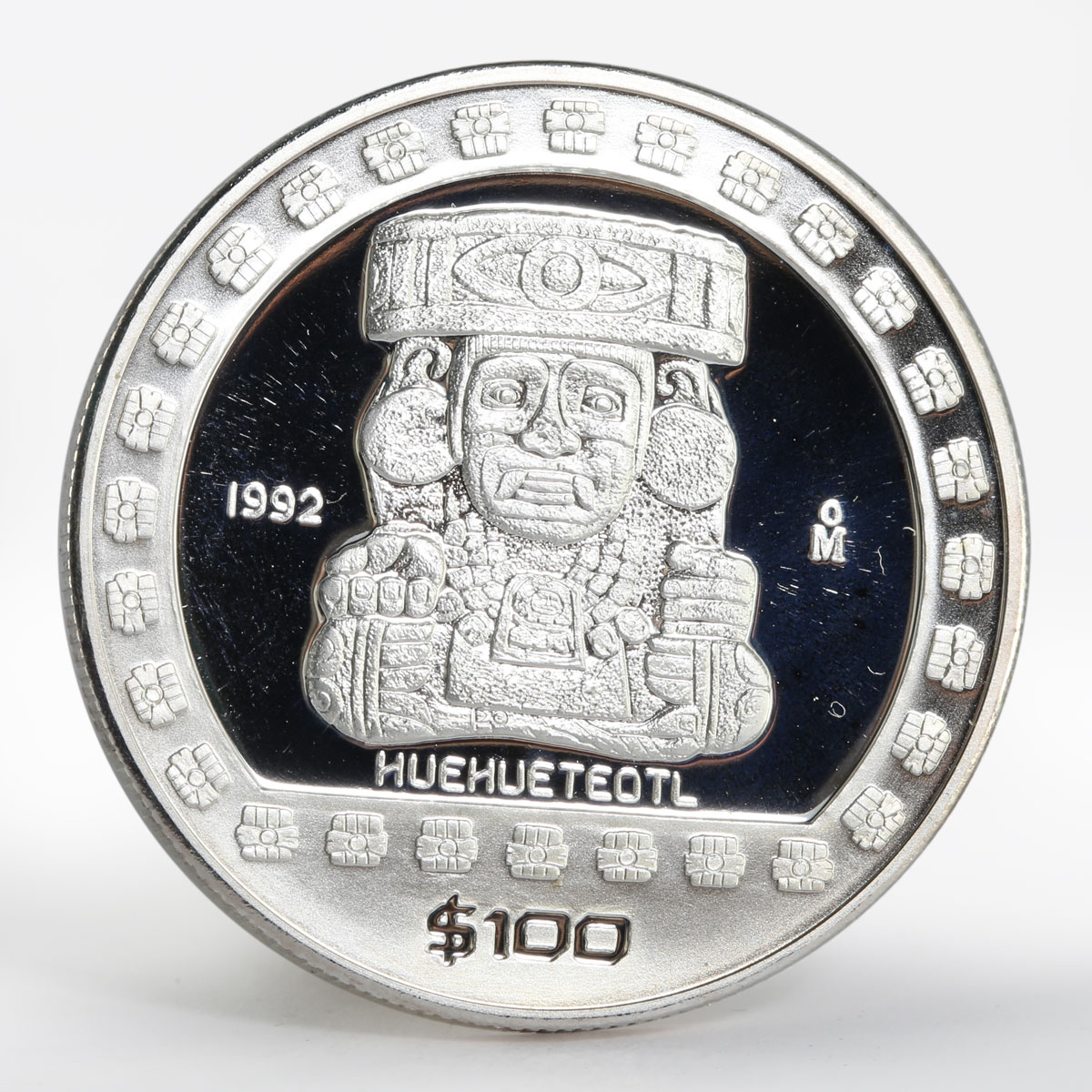 Mexico 100 pesos God of Fire Huehueteotl The Aztek proof silver coin 1992