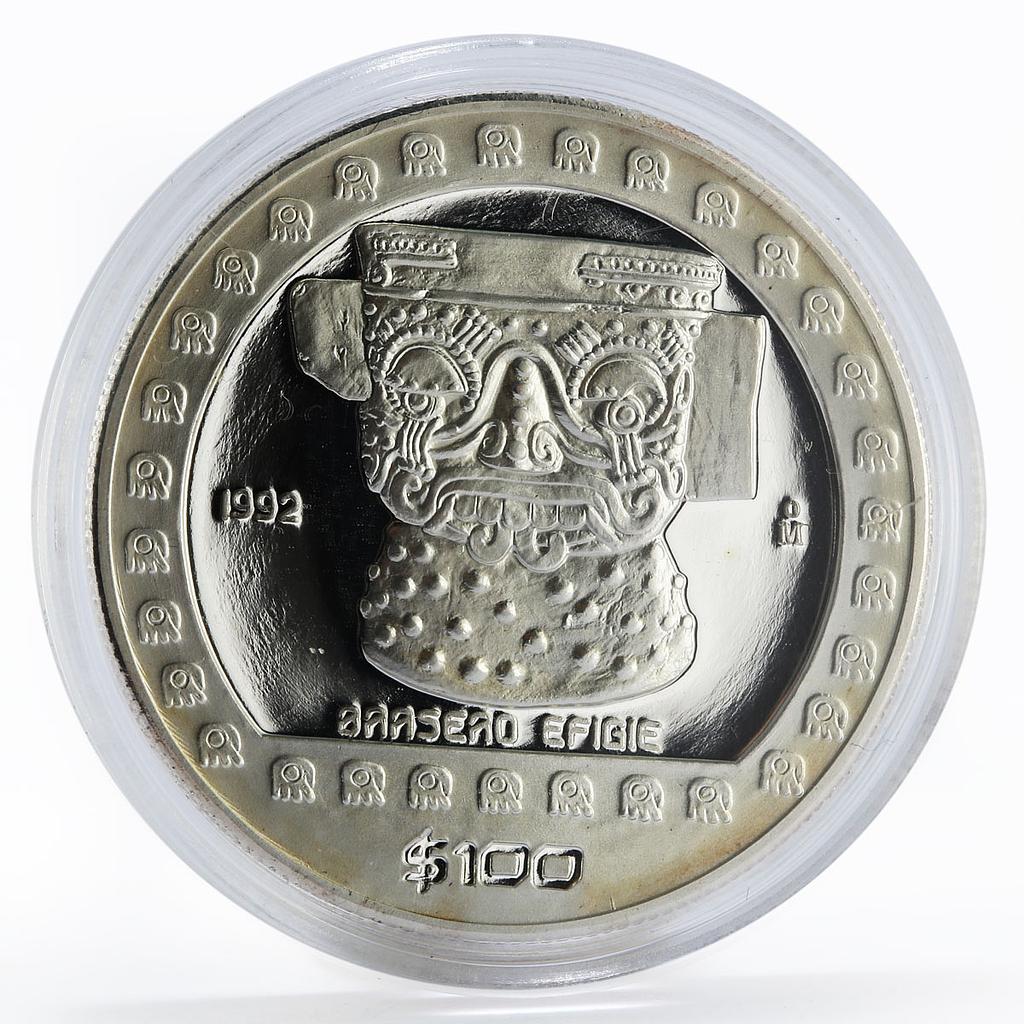 Mexico 100 pesos Precolombina Brasero Efigie Statue silver coin 1992