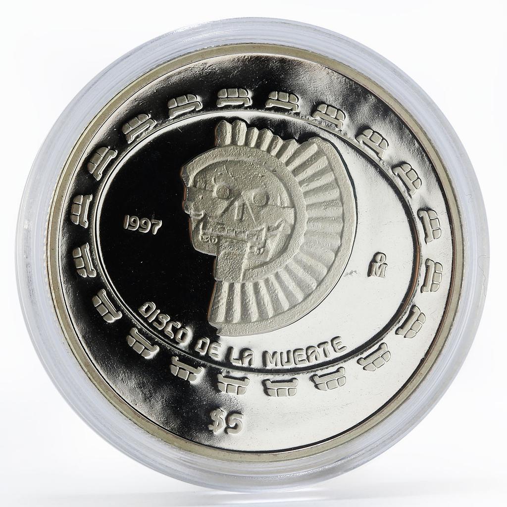 Mexico 5 Pesos Disco De La Muerte Teotihuacan Series proof silver coin 1997