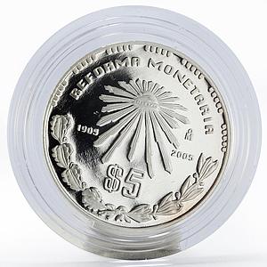 Mexico 5 Pesos 100th Anniversary of Monetary Reform proof silver coin 2005