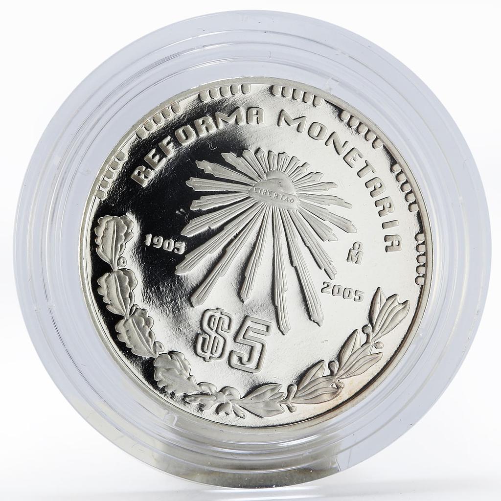 Mexico 5 Pesos 100th Anniversary of Monetary Reform proof silver coin 2005