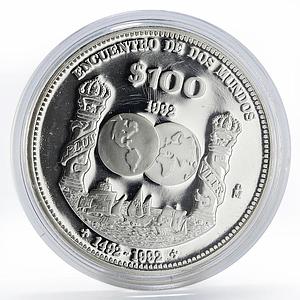 Mexico 100 pesos Encounter of two Worlds Columnaria proof silver coin 1992
