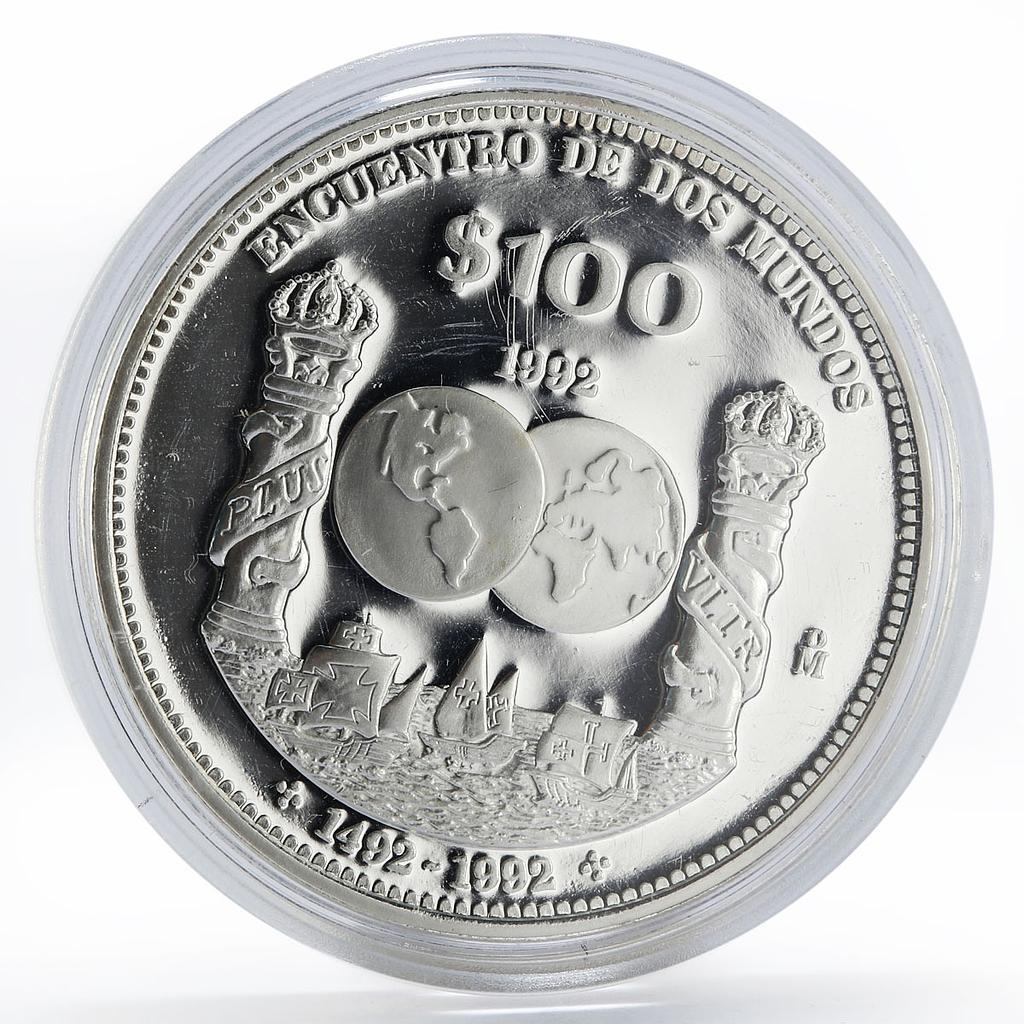 Mexico 100 pesos Encounter of two Worlds Columnaria proof silver coin 1992