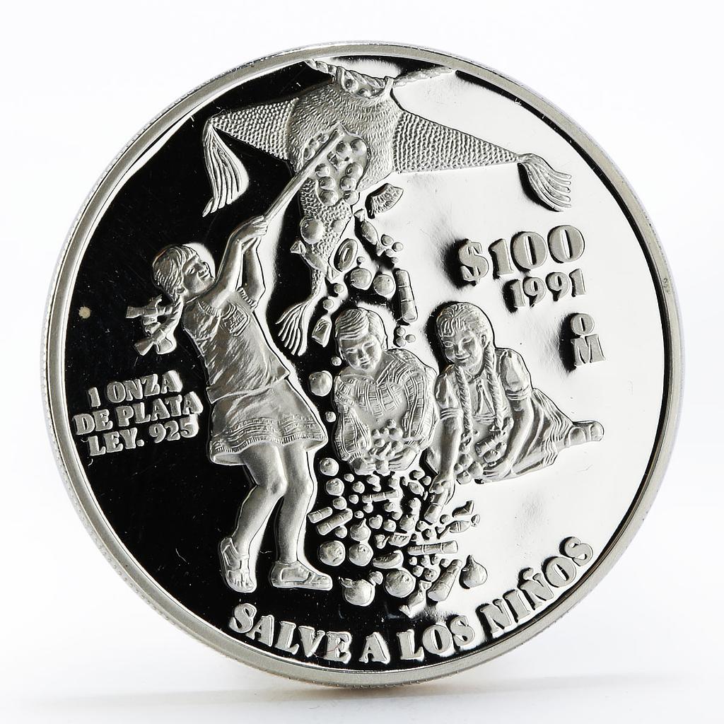 Mexico 100 pesos 45th Anniversary UNICEF Save the Children silver coin 1991