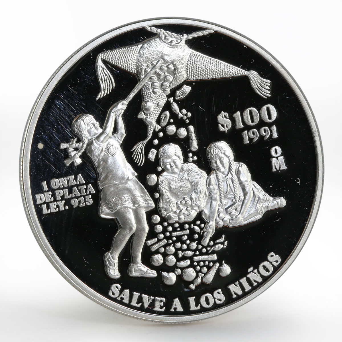 Mexico 100 pesos 45th Anniversary UNICEF Save the Children silver coin 1991