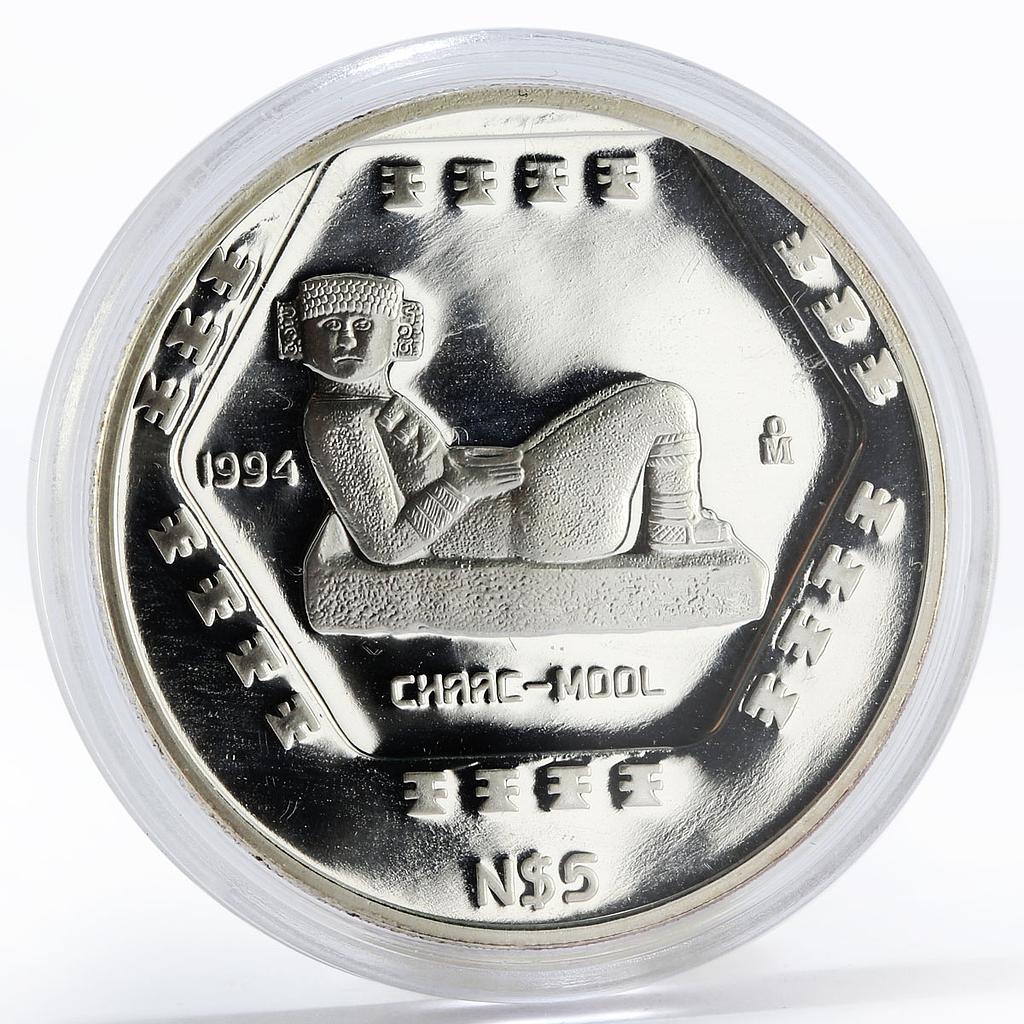 Mexico 5 pesos Precolombina Chaac Mool Statue Sculpture proof silver coin 1994